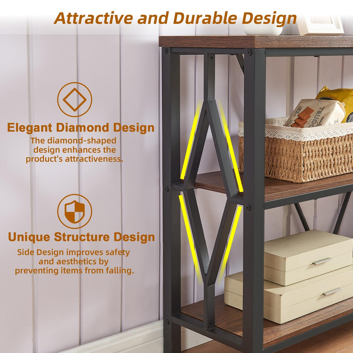 Brown 47 Inch Sofa Console Table with 3 Tier Bookshelf A820907