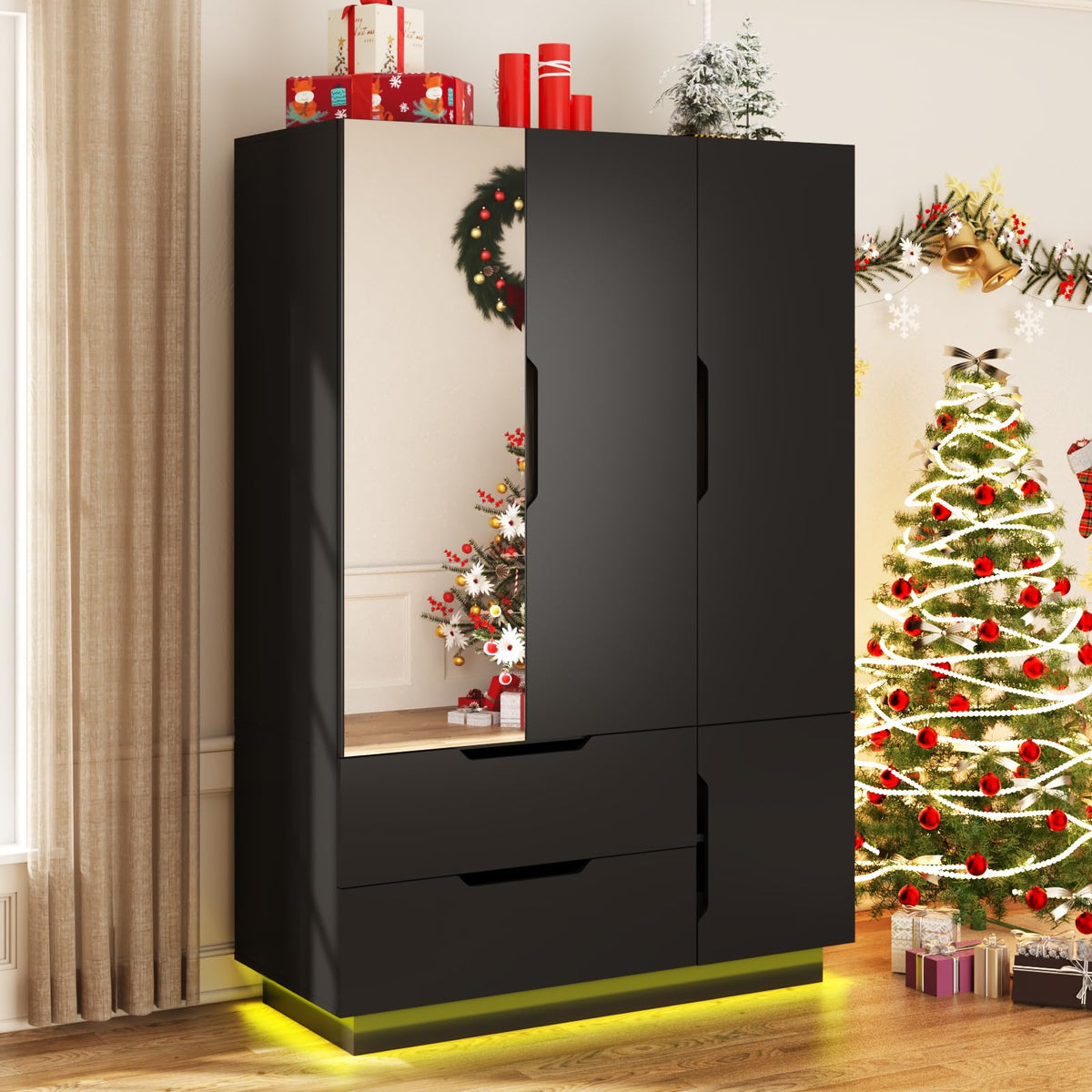 3 Doors Armoire Wardrobe Closet with Mirror, 2 Drawers, LED Light, Hanging Rod, Black Q50633
