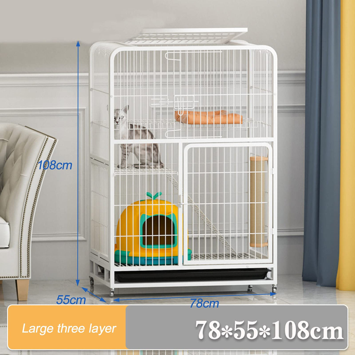 Large 3-Tier Metal Wire Cat Cage with Hammock and Casters D222