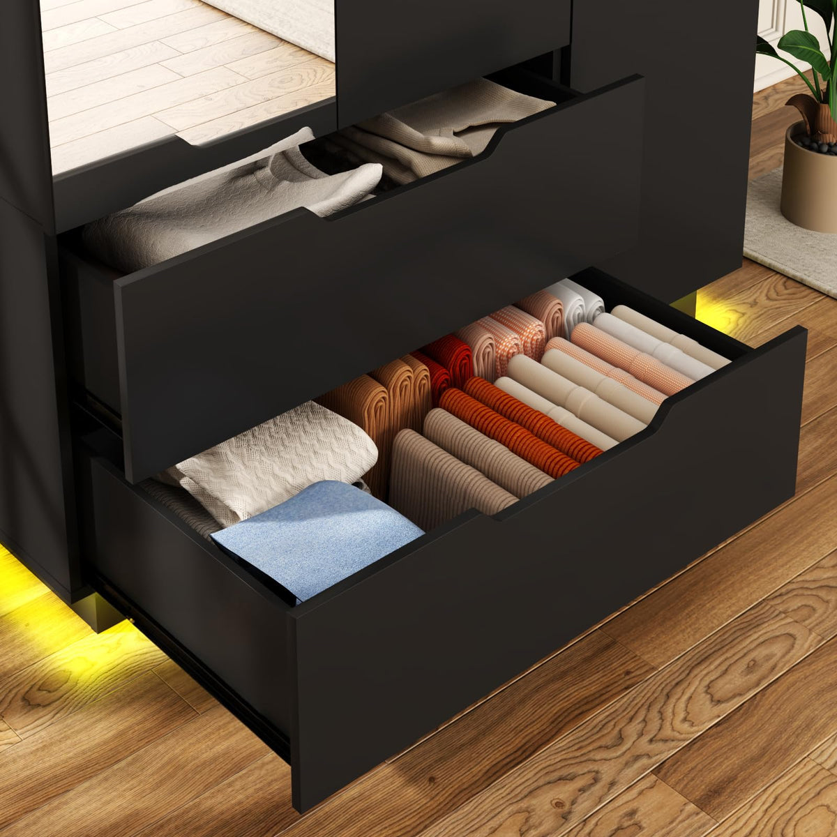 3 Doors Armoire Wardrobe Closet with Mirror, 2 Drawers, LED Light, Hanging Rod, Black Q50633