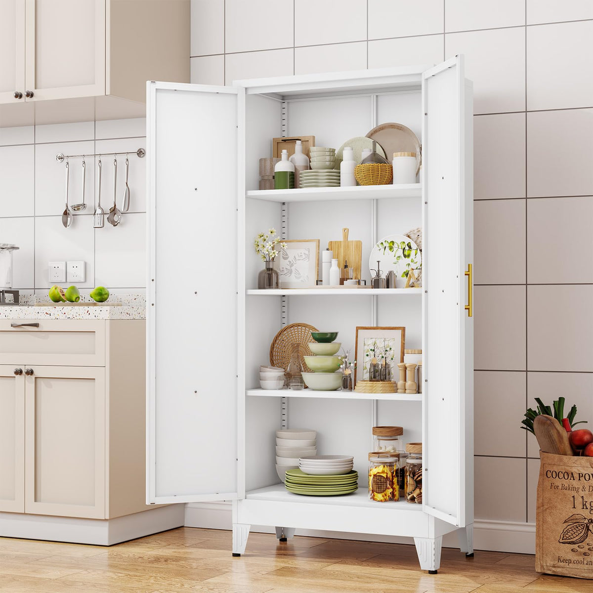 61" Metal Kitchen Pantry Storage Cabinet with 2 Doors and 3 Adjustable Shelves J768
