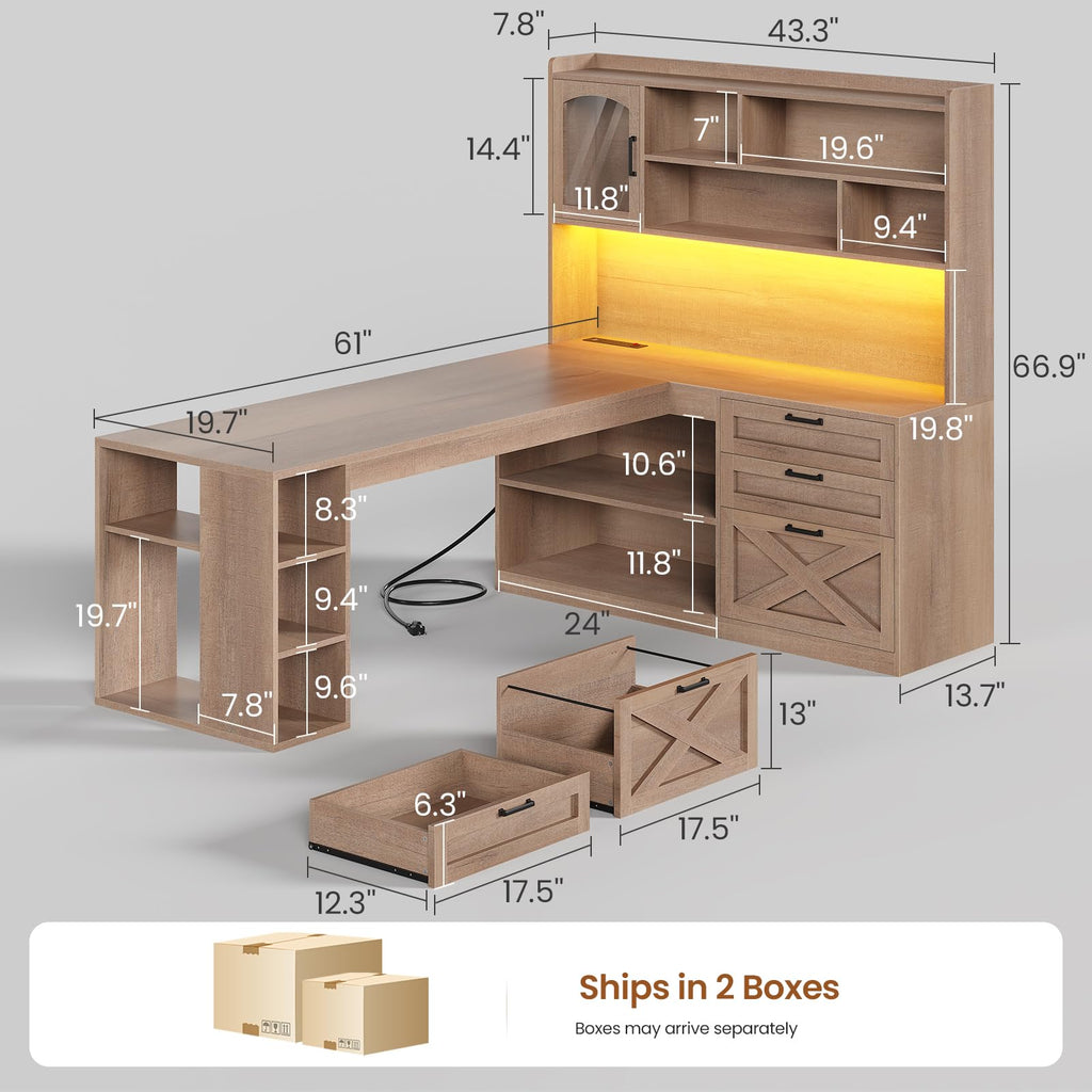 61" L Shaped Office Desk with Drawers and Storage S11230