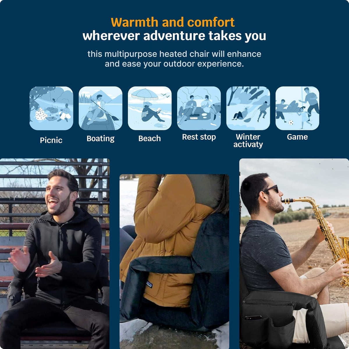 Heated Reclining Stadium Seat with Back Support and Cushion E7678