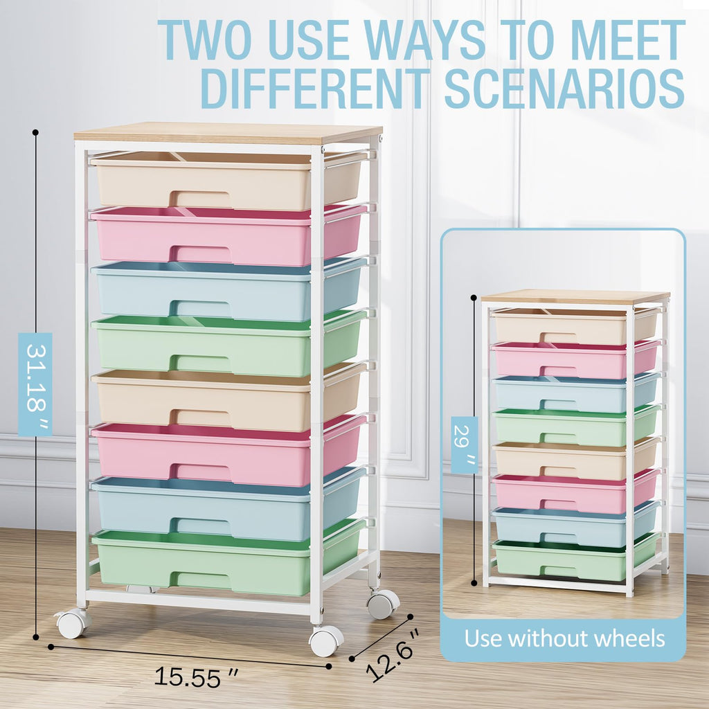 Rolling Storage Cart with 8 Drawers and Wooden Tabletop P45099