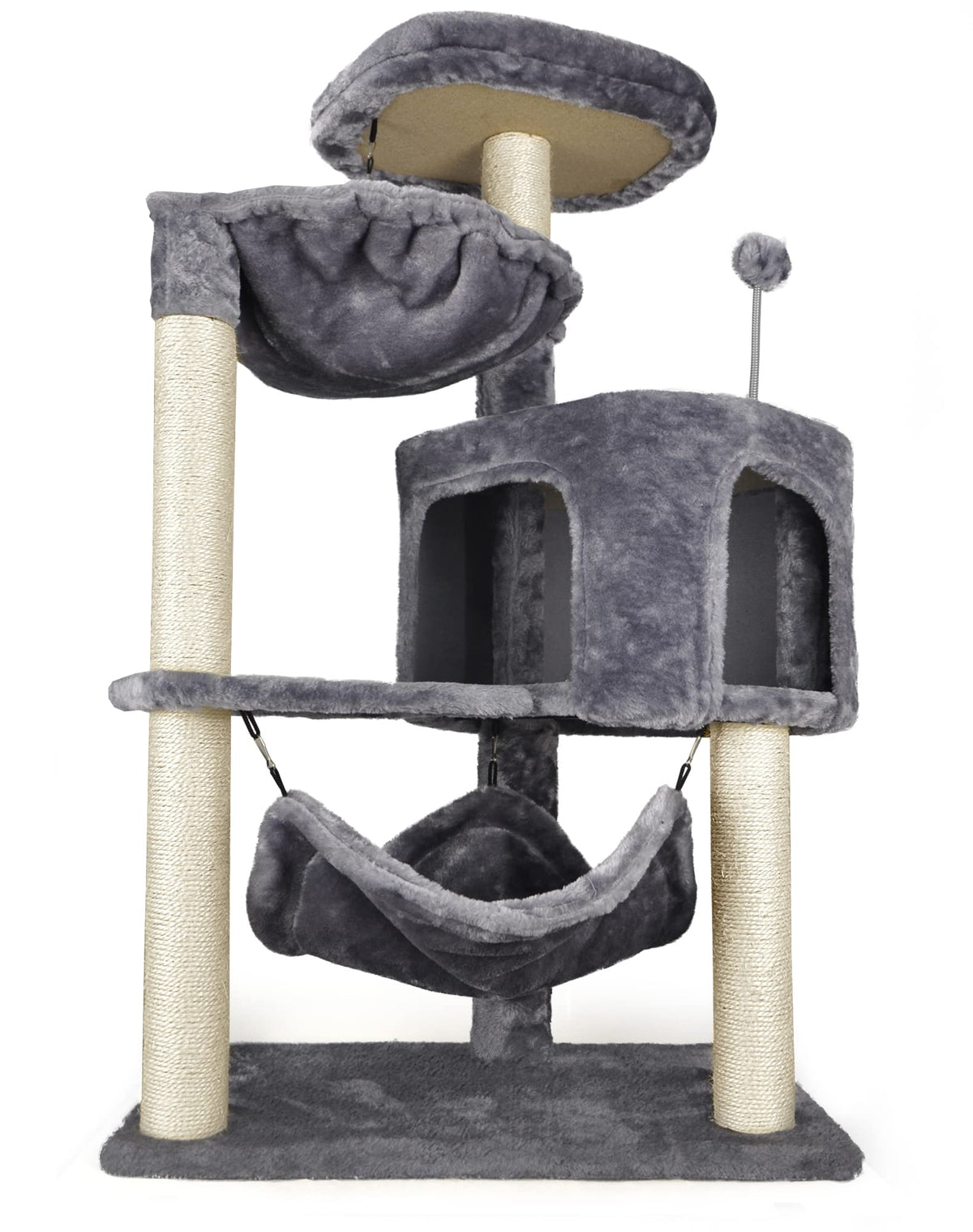 Grey Cat Tree with Cat Condo and Hammock D5750