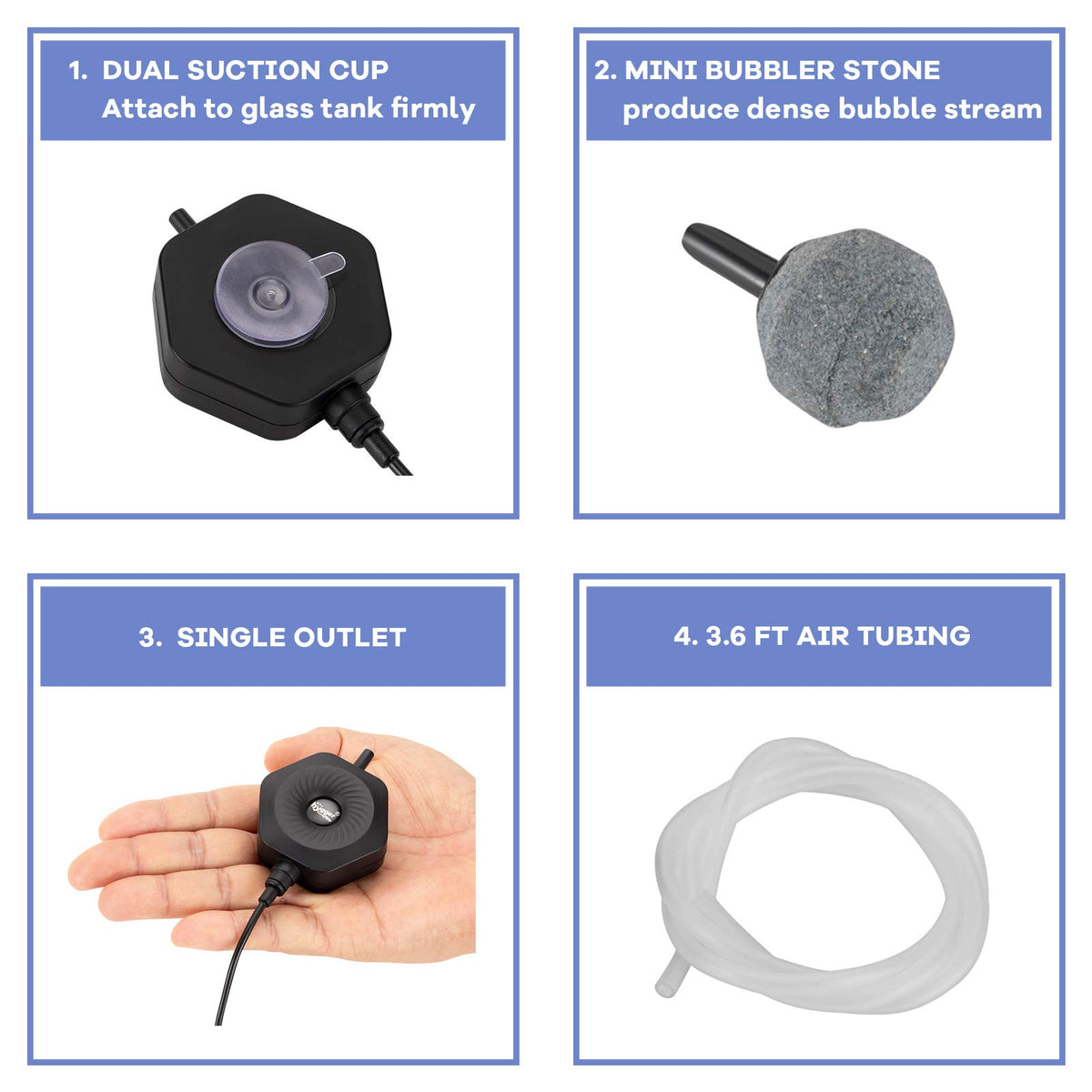 Quiet Mini Aquarium Air Pump with Air Stone Tubing Suction Cup V205
