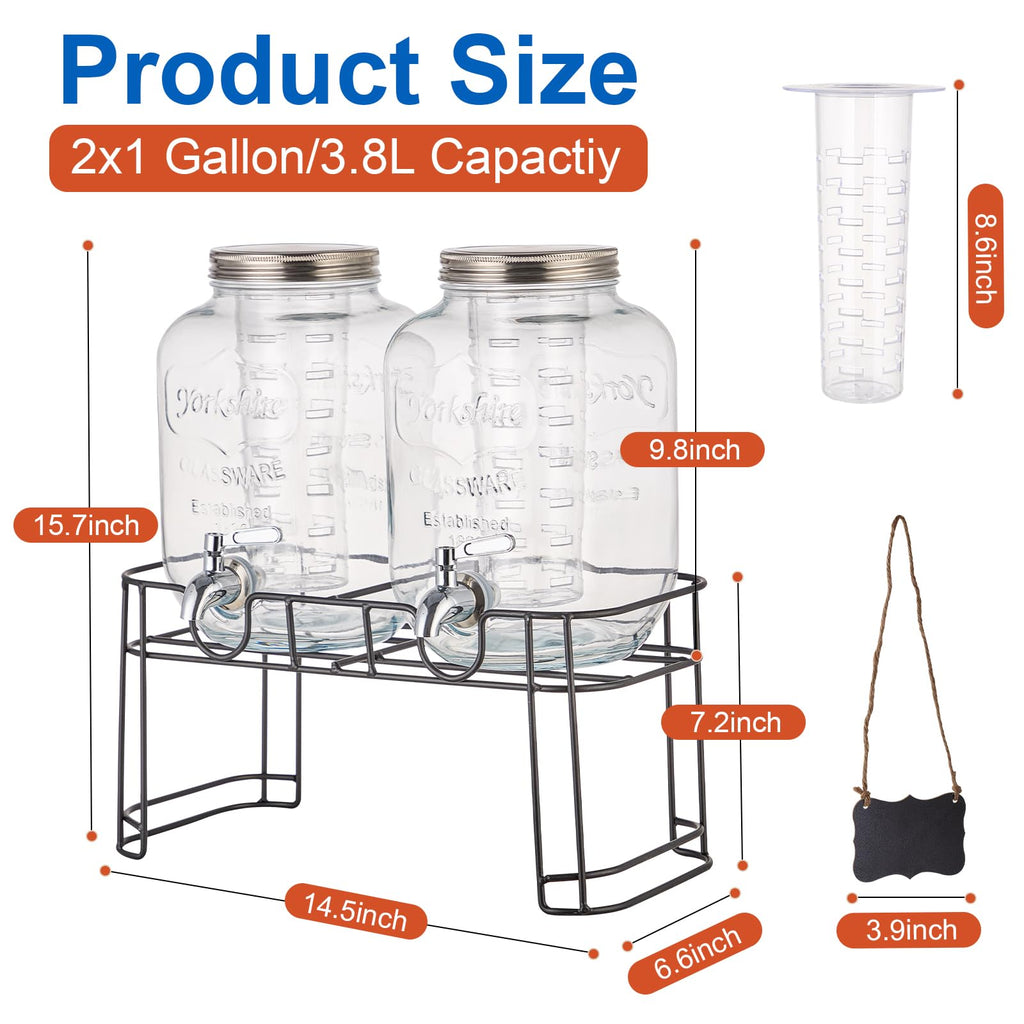 1 Gallon Glass Drink Dispenser with Stand, 2 Pack R99904