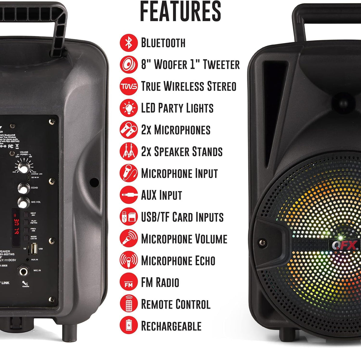 Dual 8" Powered PA Speaker System with Tripod Stands, Wired Mics and Remote U156