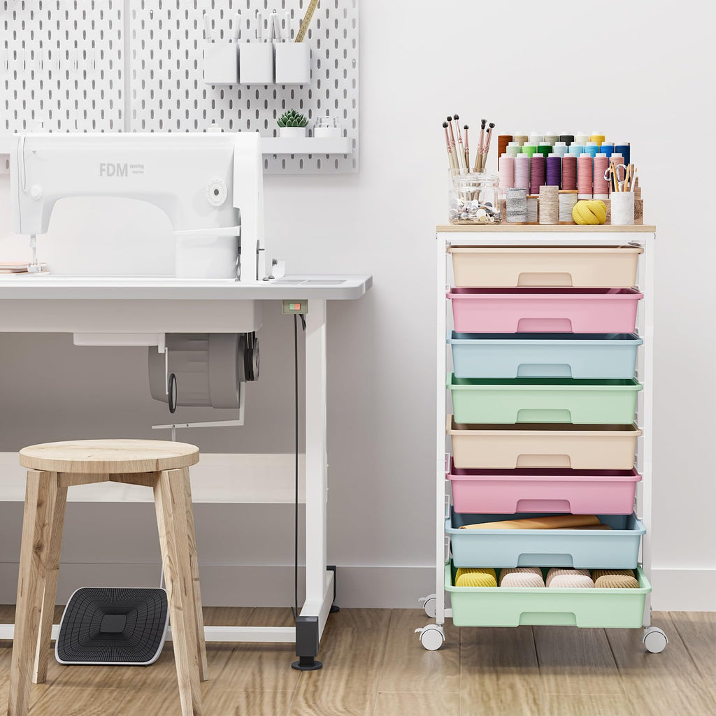 Rolling Storage Cart with 8 Drawers and Wooden Tabletop P45099