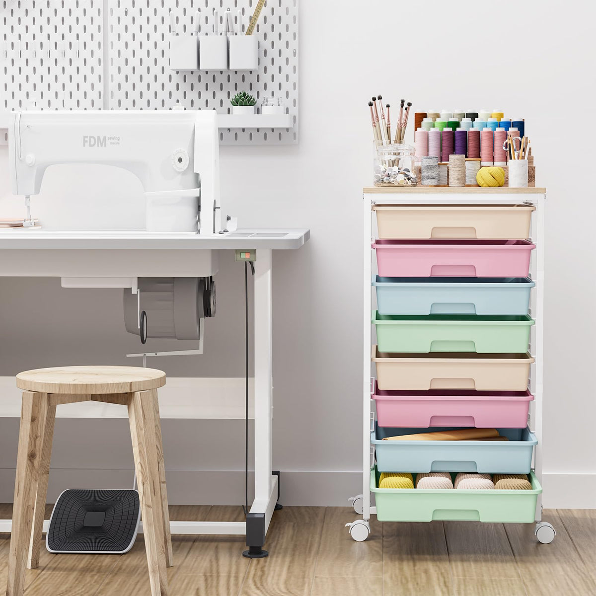 Rolling Storage Cart with 8 Drawers and Wooden Tabletop P45099