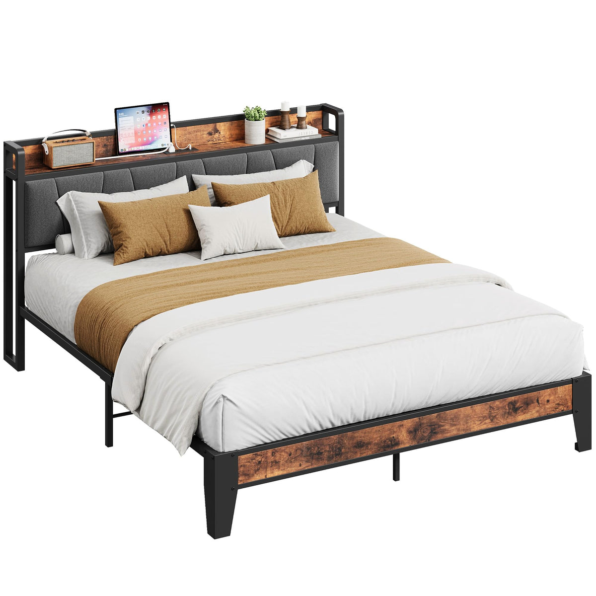 Queen Size Bed Frame with Storage Headboard and Charging Station E731018