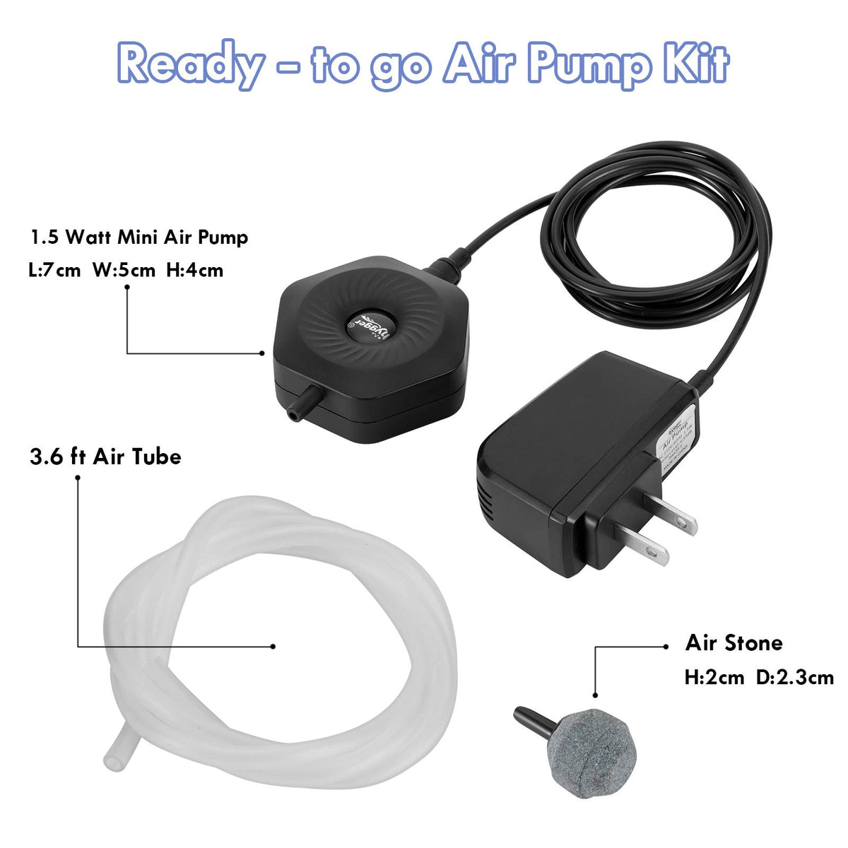 Quiet Mini Aquarium Air Pump with Air Stone Tubing Suction Cup V205