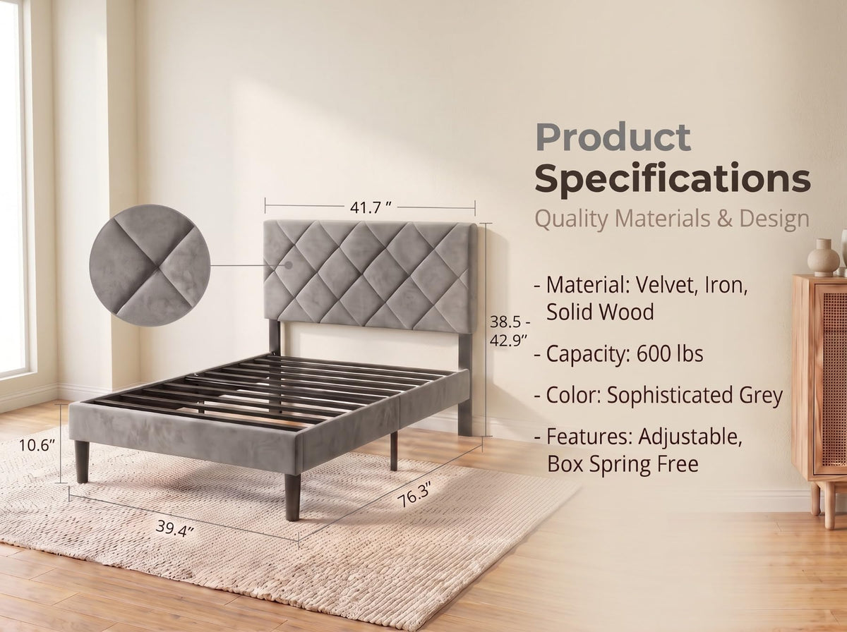 Twin Size Velvet Upholstered Platform Bed Frame with Adjustable Headboard G4904