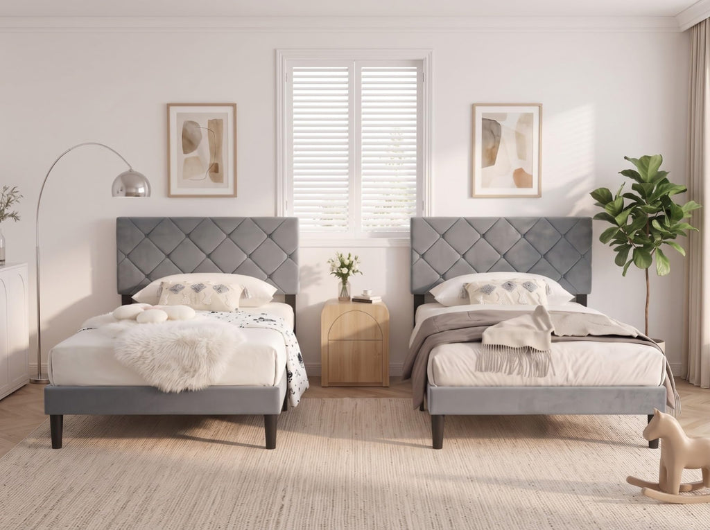 Twin Size Velvet Upholstered Platform Bed Frame with Adjustable Headboard G4904