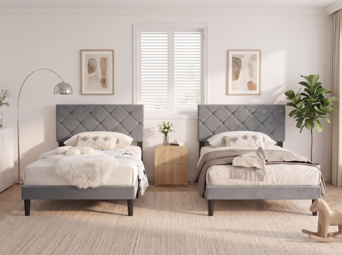 Twin Size Velvet Upholstered Platform Bed Frame with Adjustable Headboard G4904