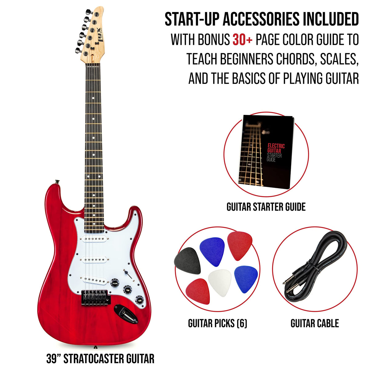 39” Electric Guitar Kit with Amp Cable, 6 Picks, Solid Wood Body, Red E356