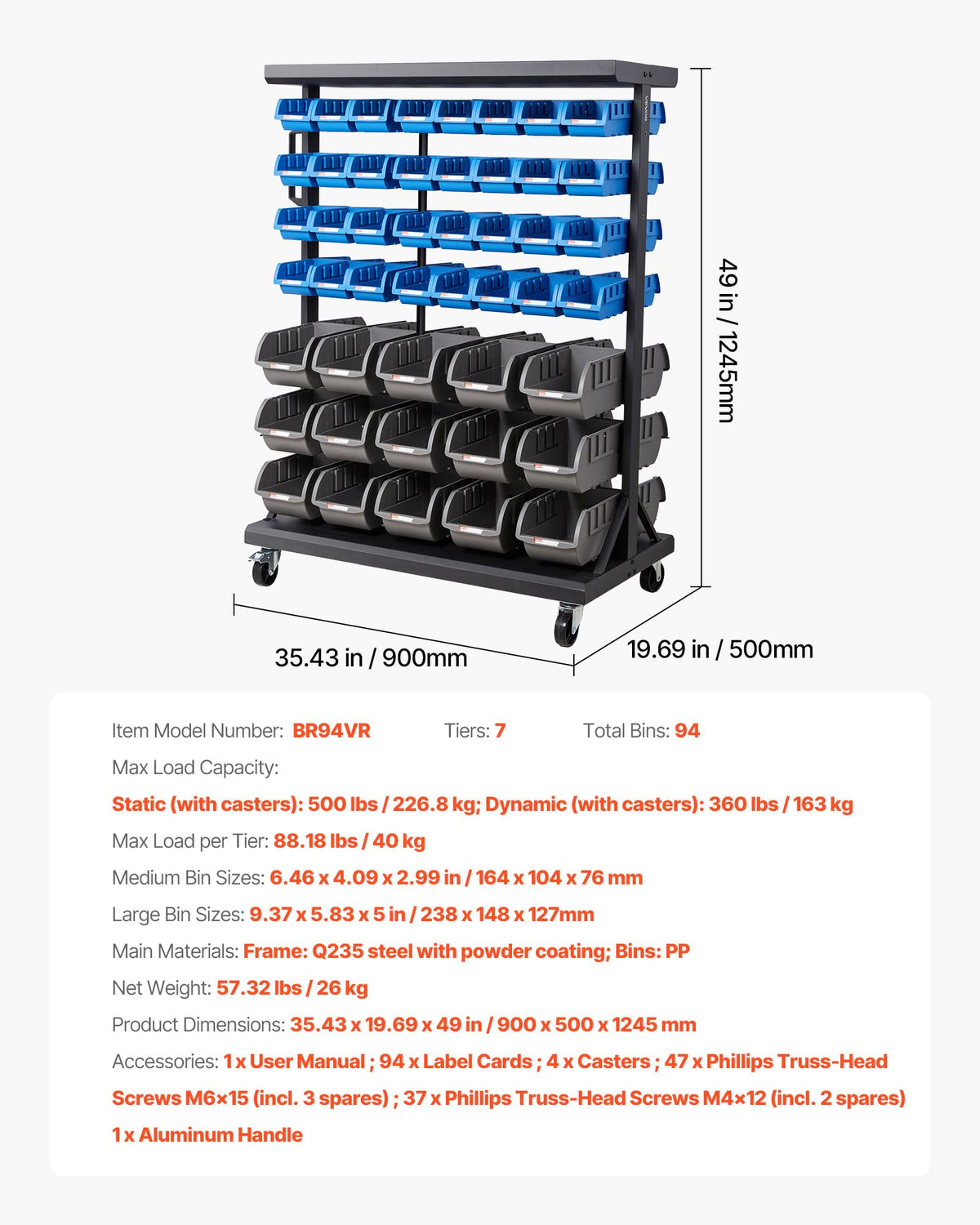 7-Tier Double-Sided Rolling Bin Storage Rack with 94 Plastic Bins M4346