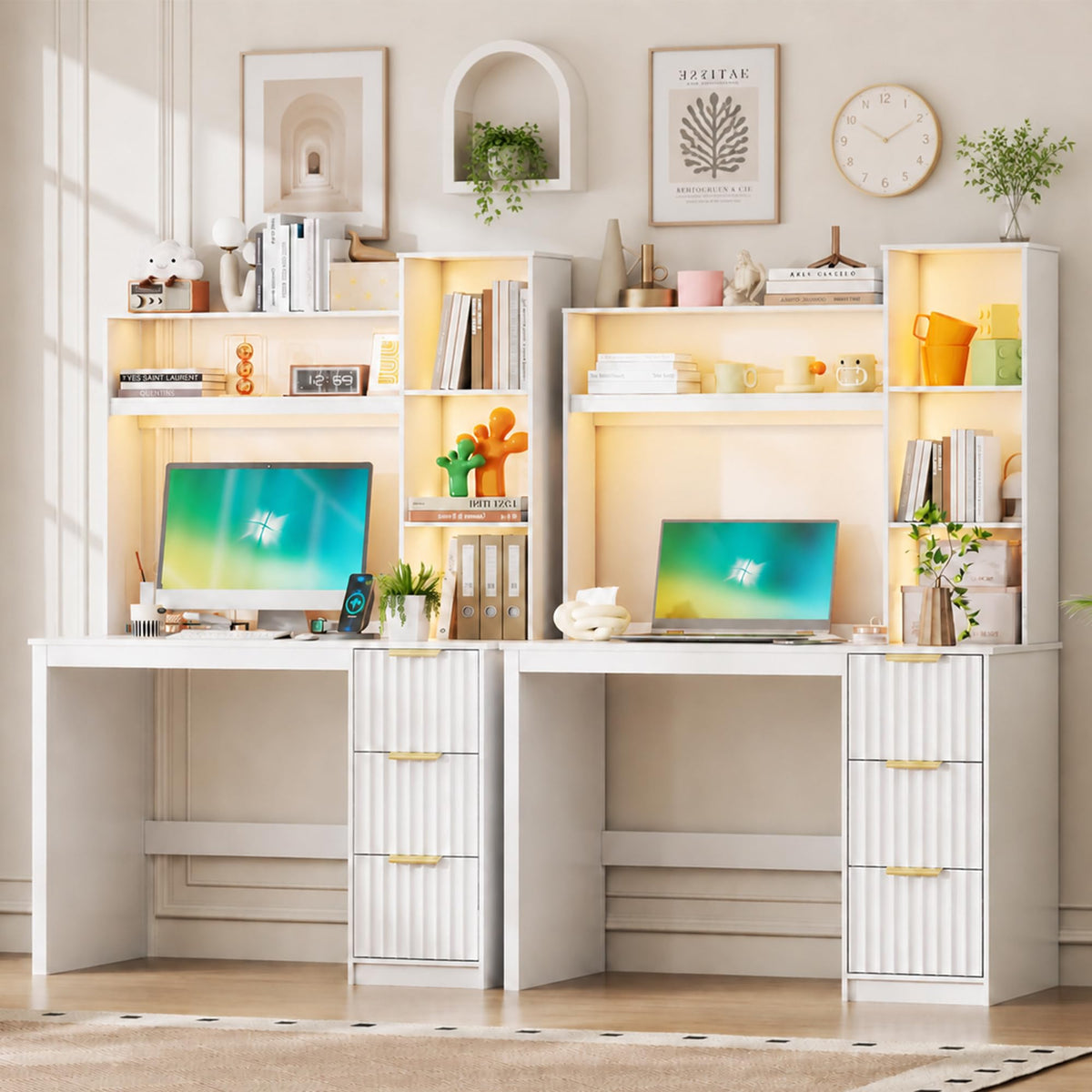 40” White Home Office Desk with Hutch and Drawers B558