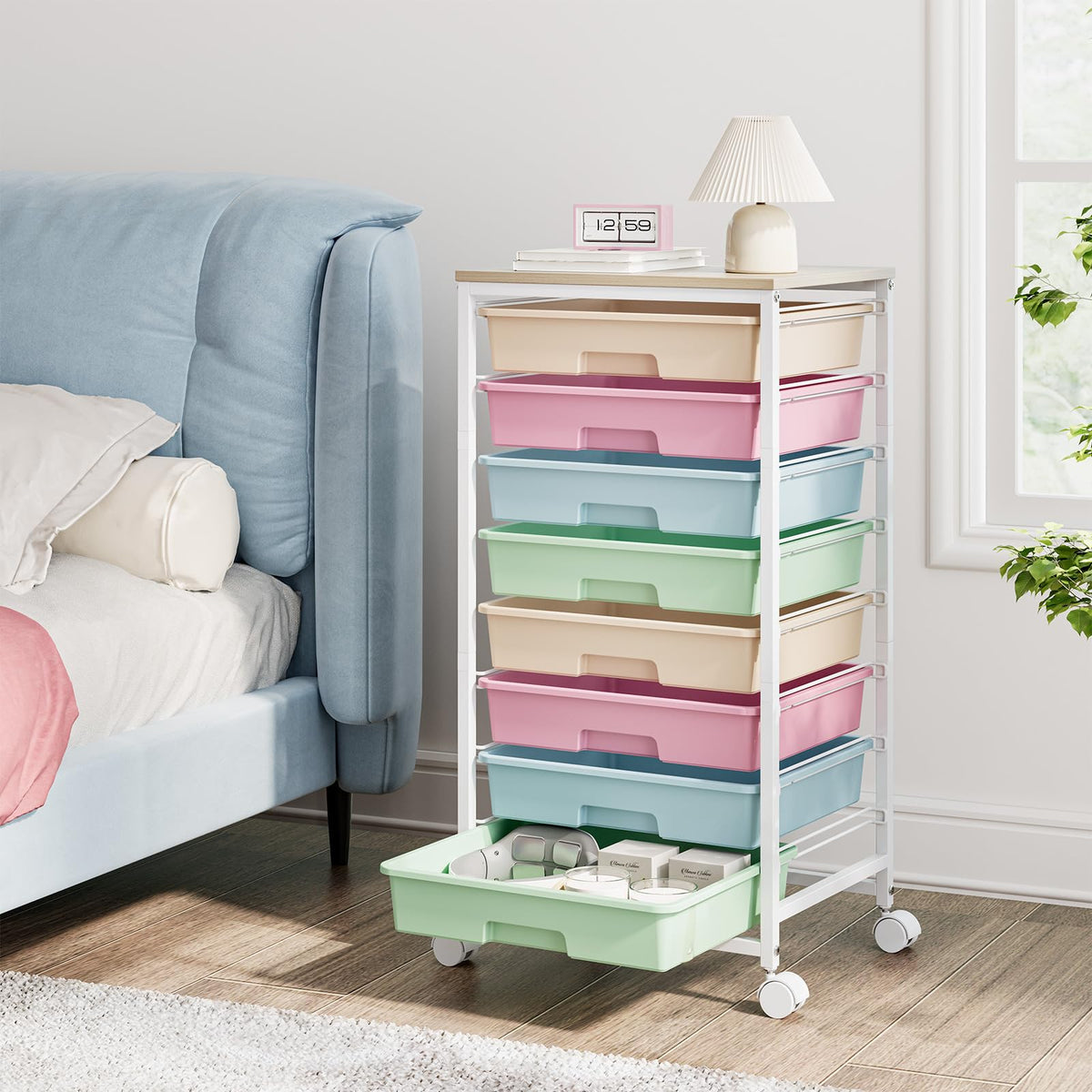 Rolling Storage Cart with 8 Drawers and Wooden Tabletop P45099