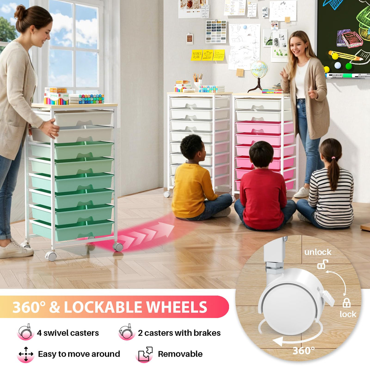 Green Rolling Cart with 8 Drawers D58138