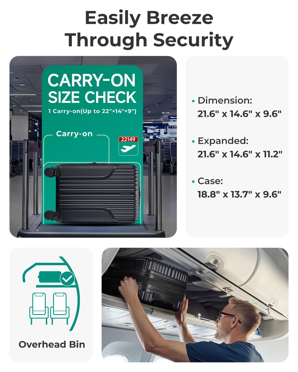 Carry On Luggage with Wheels, Black I181
