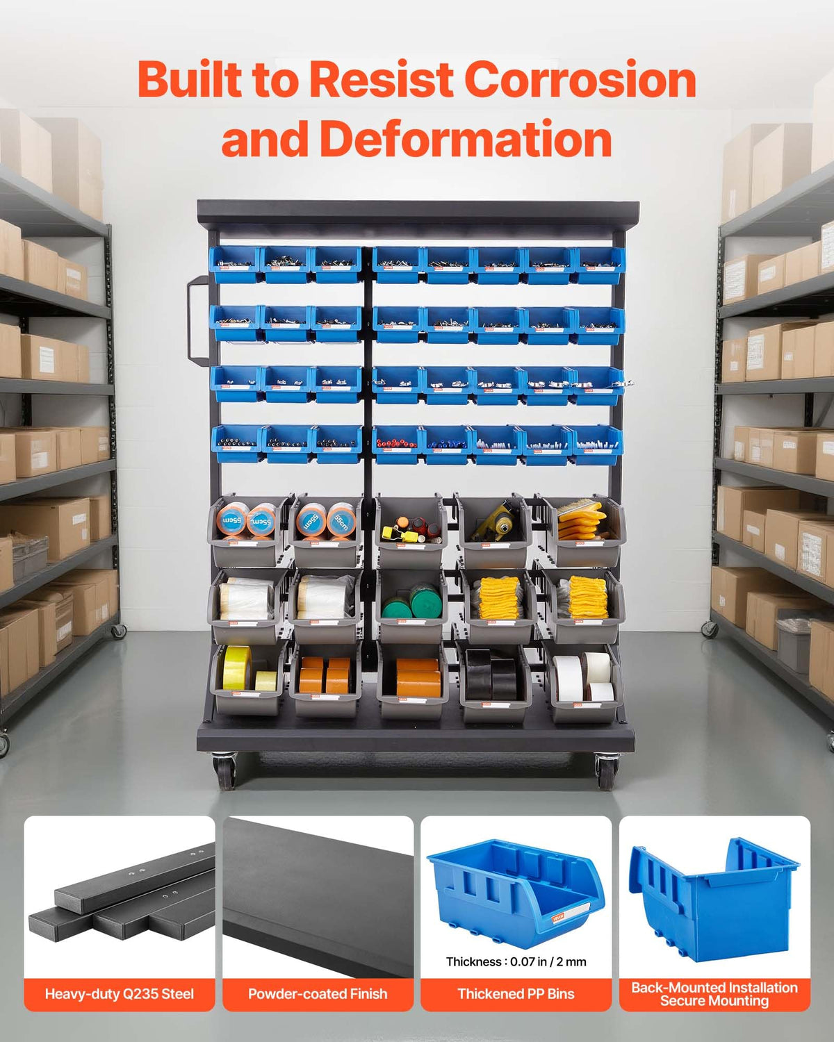 7-Tier Double-Sided Rolling Bin Storage Rack with 94 Plastic Bins M4346