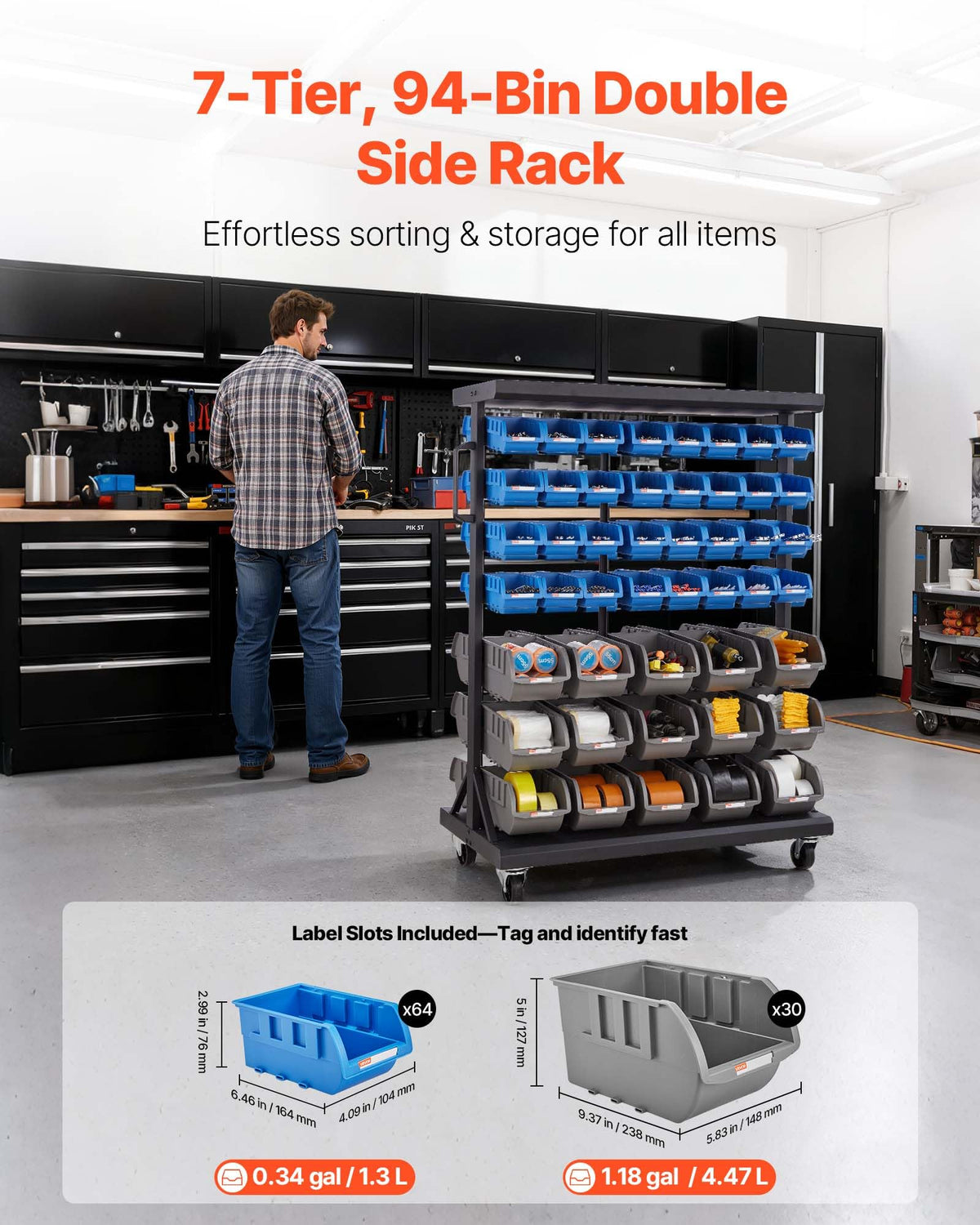7-Tier Double-Sided Rolling Bin Storage Rack with 94 Plastic Bins M4346
