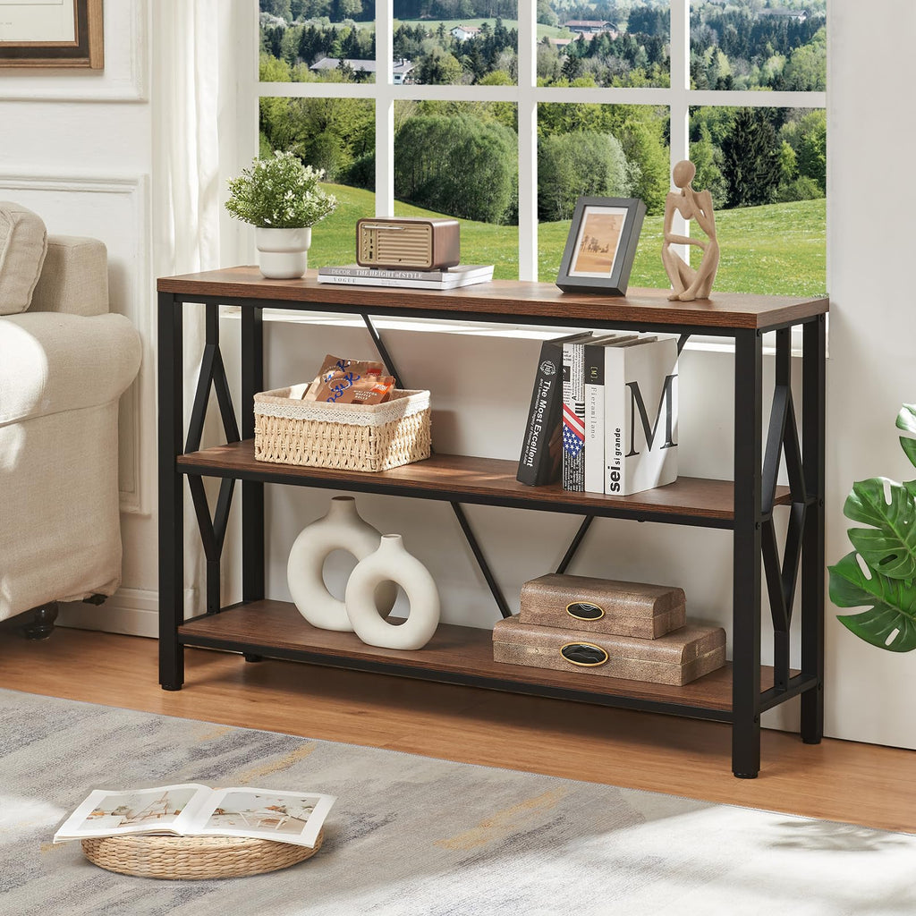 Brown 47 Inch Sofa Console Table with 3 Tier Bookshelf A820907