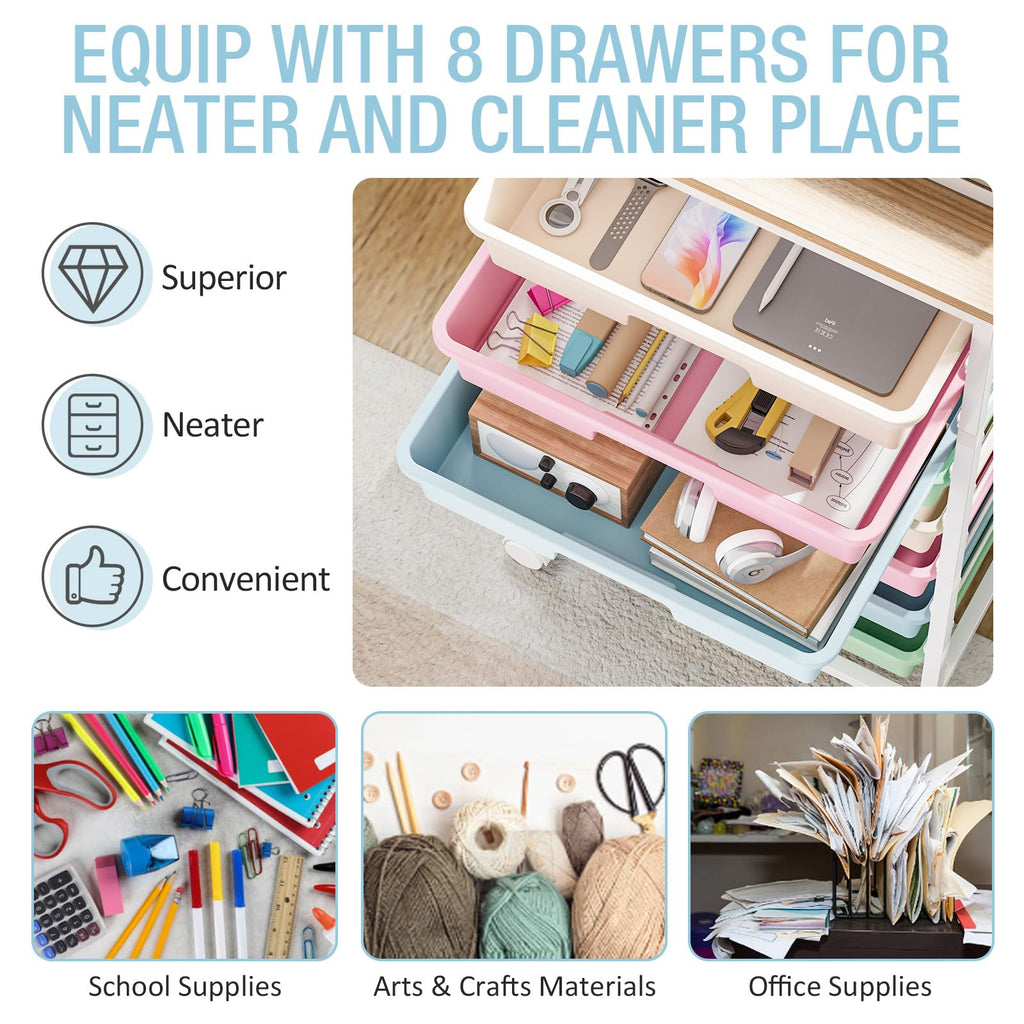Rolling Storage Cart with 8 Drawers and Wooden Tabletop P45099