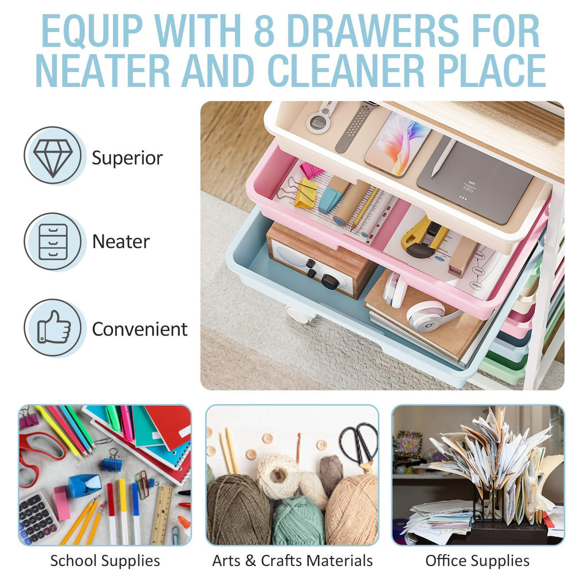 Rolling Storage Cart with 8 Drawers and Wooden Tabletop P45099