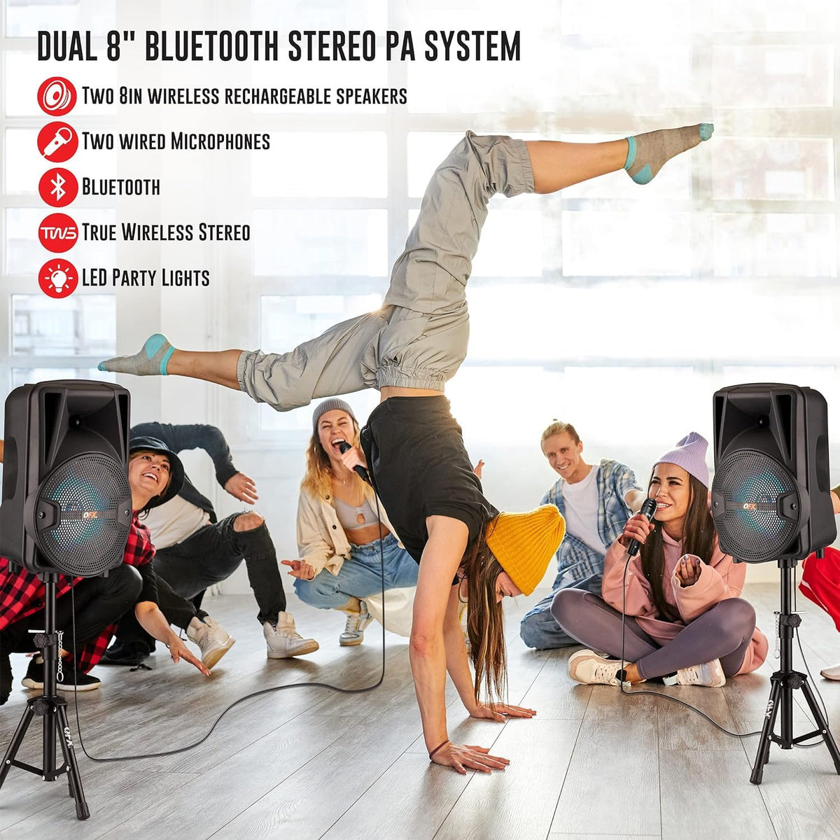 Dual 8" Powered PA Speaker System with Tripod Stands, Wired Mics and Remote U156