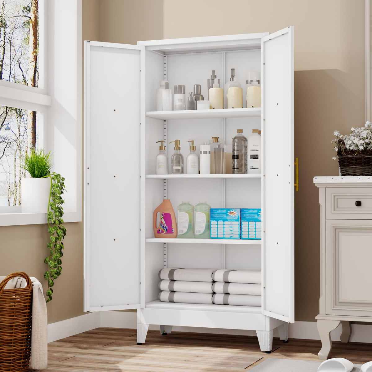 61" Metal Kitchen Pantry Storage Cabinet with 2 Doors and 3 Adjustable Shelves J768