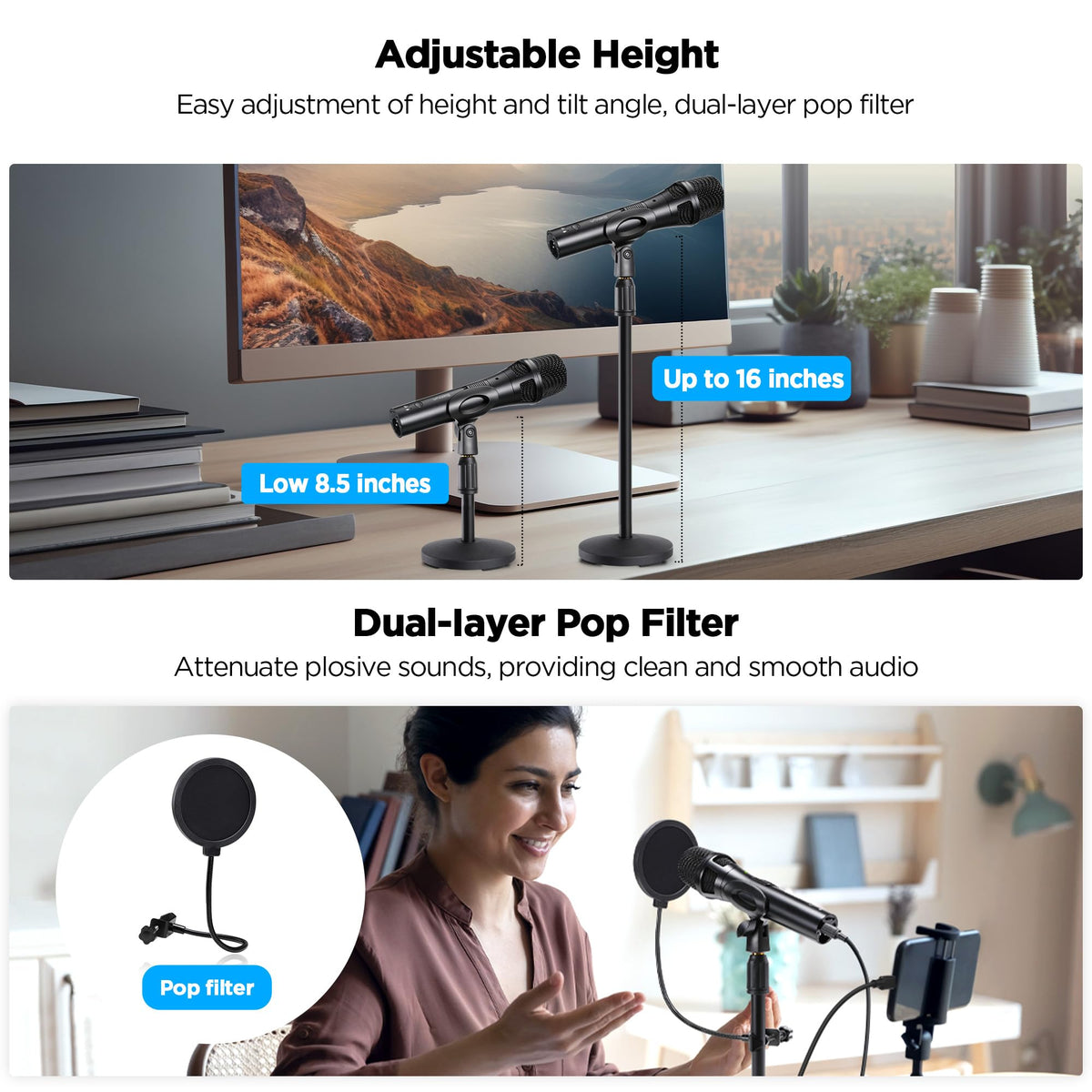 USB Dynamic Microphone with Desktop Stand, Pop Filter, Headphone Jack C40061