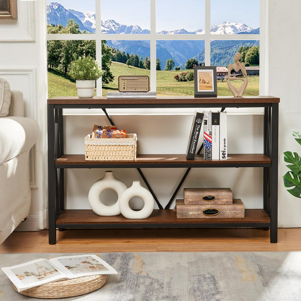 Brown 47 Inch Sofa Console Table with 3 Tier Bookshelf A820907