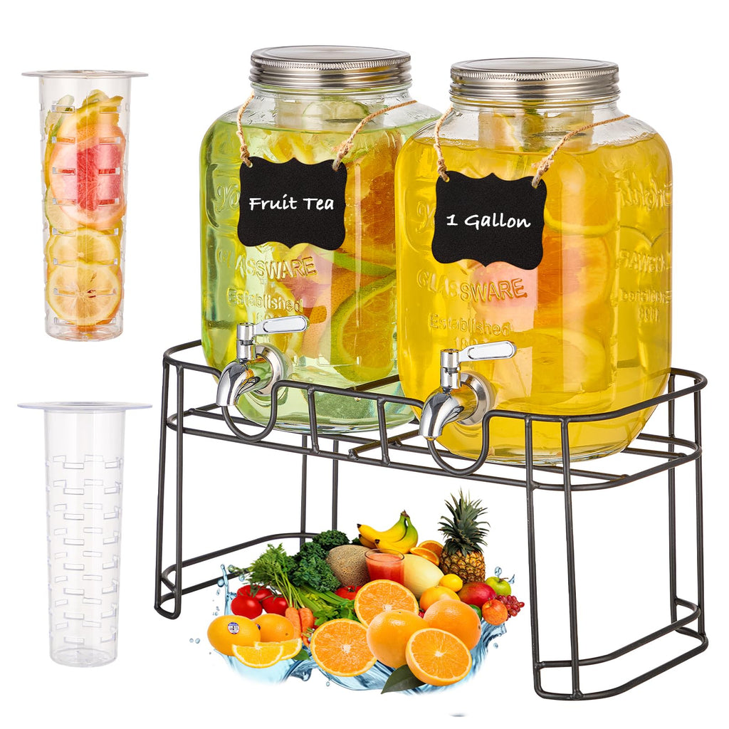 1 Gallon Glass Drink Dispenser with Stand, 2 Pack R99904