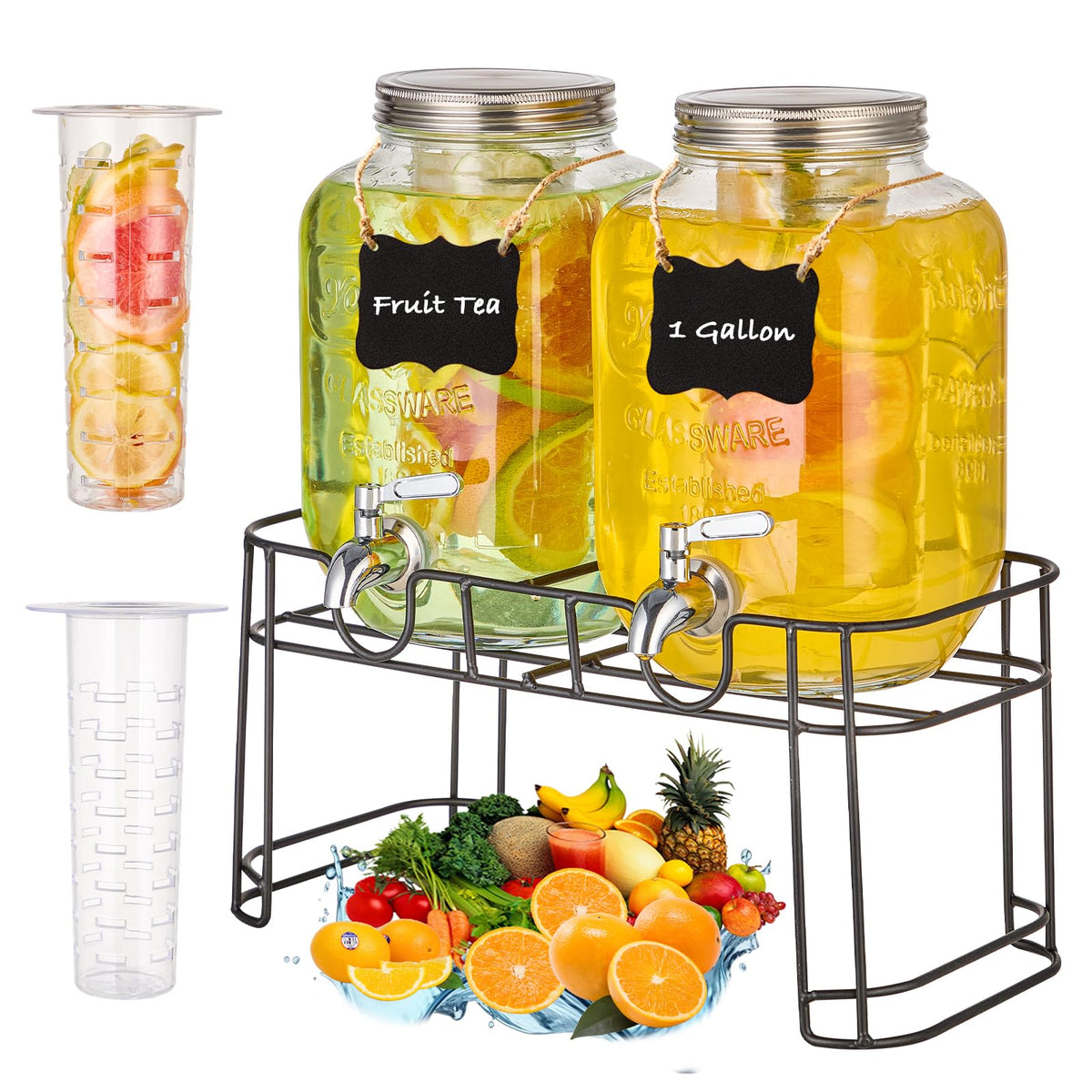 1 Gallon Glass Drink Dispenser with Stand, 2 Pack R99904