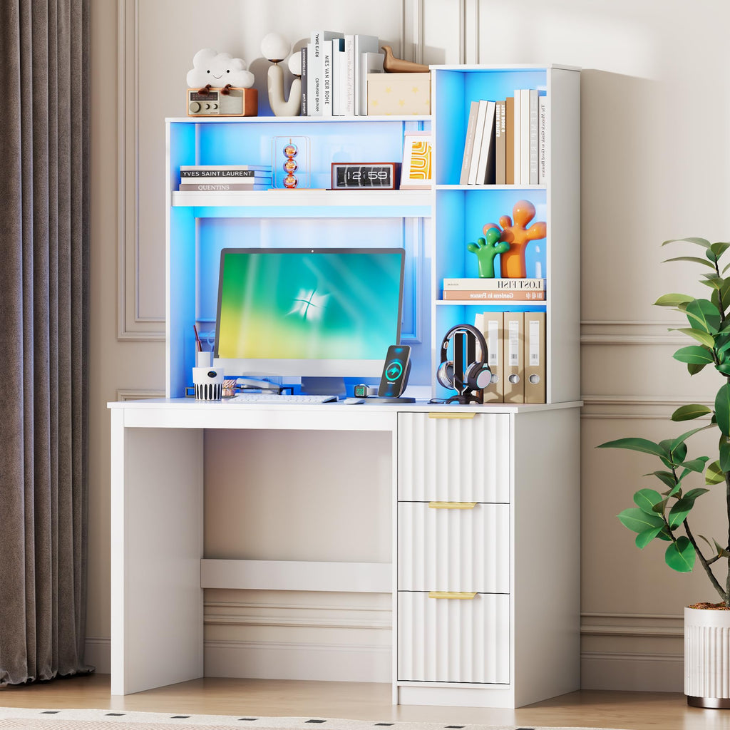 40” White Home Office Desk with Hutch and Drawers B558