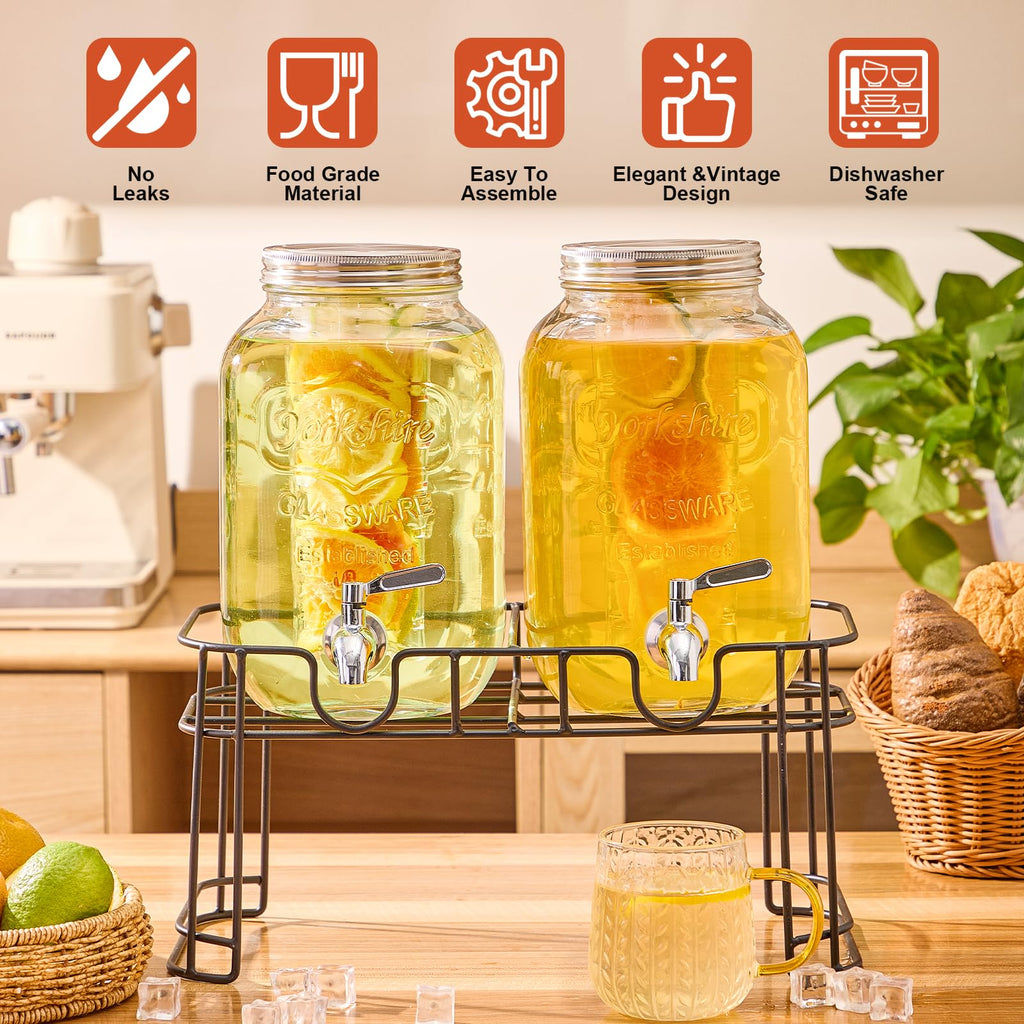 1 Gallon Glass Drink Dispenser with Stand, 2 Pack R99904