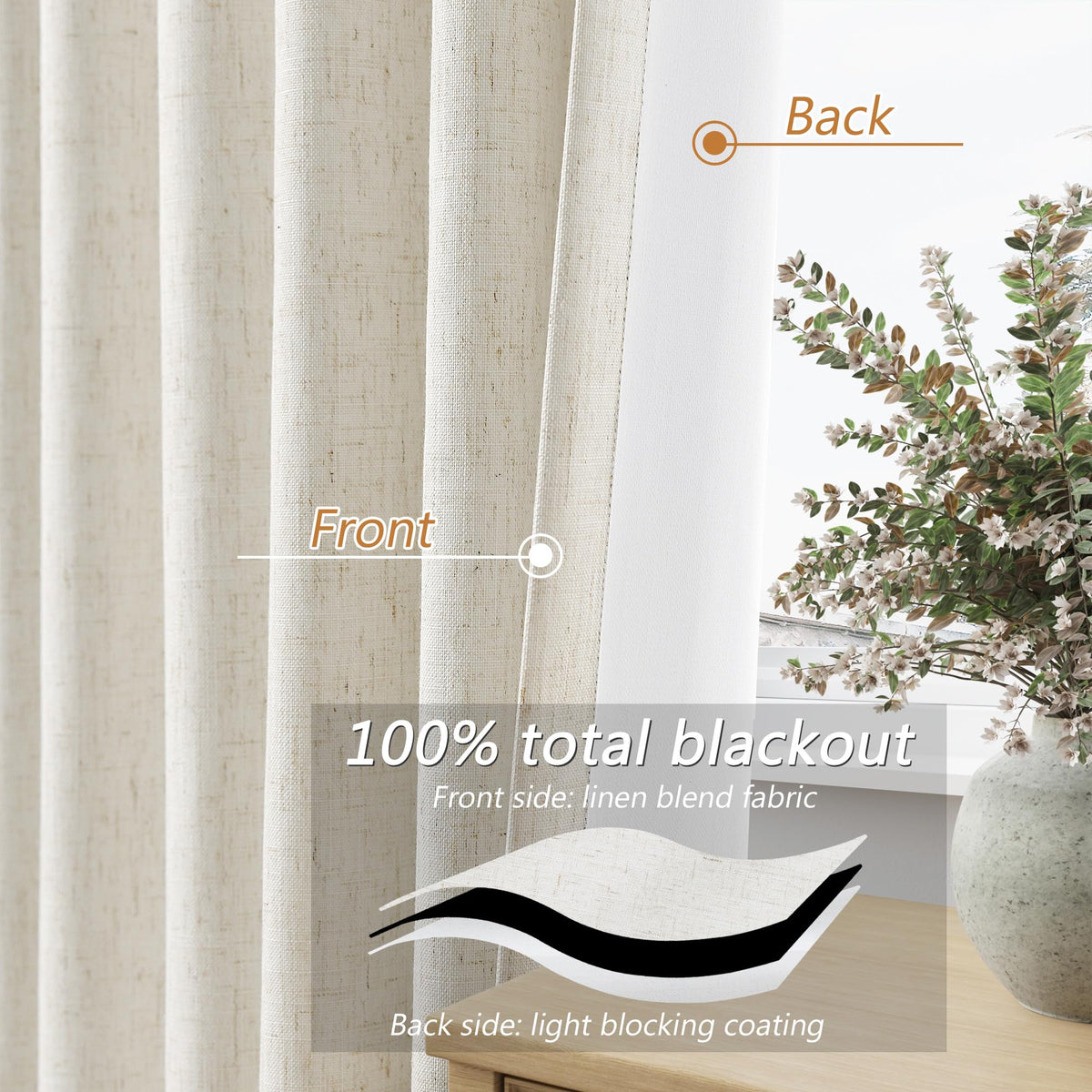 100% Blackout Linen Curtains 108 Inches 2 Panels J772928