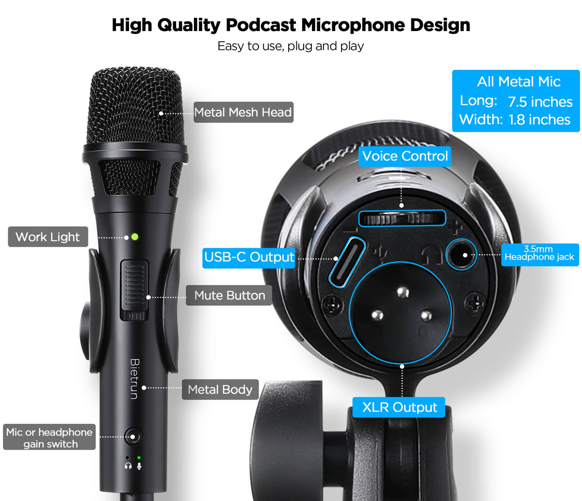 USB Dynamic Microphone with Desktop Stand, Pop Filter, Headphone Jack C40061