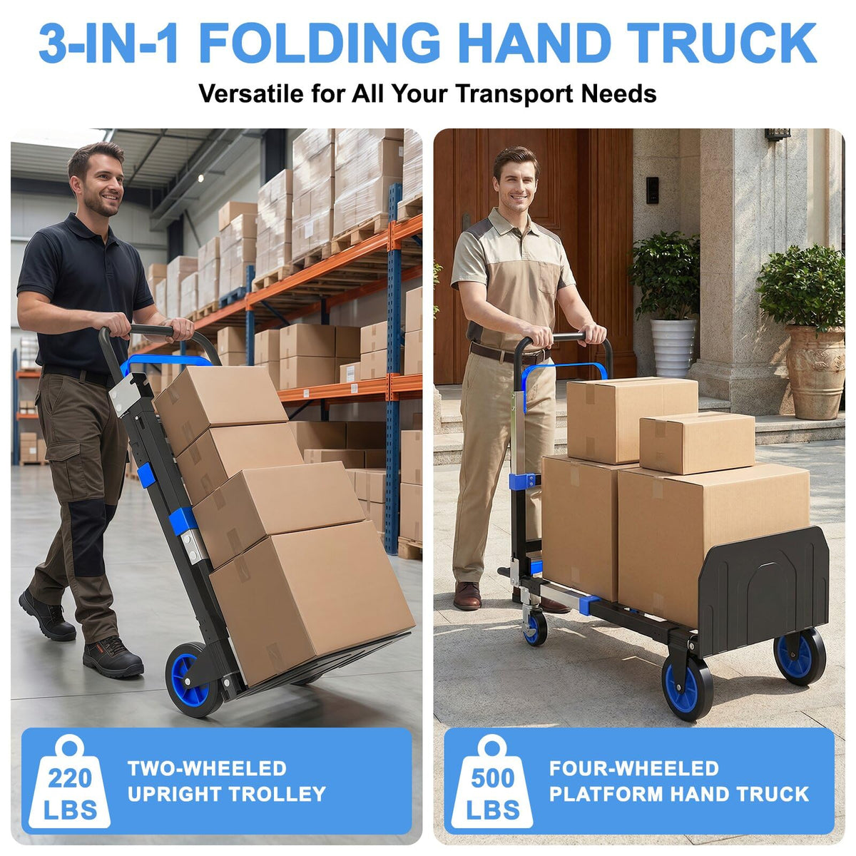 3-in-1 Folding Heavy Duty Hand Truck Dolly Cart Trolley with Wheels (Blue) T443600