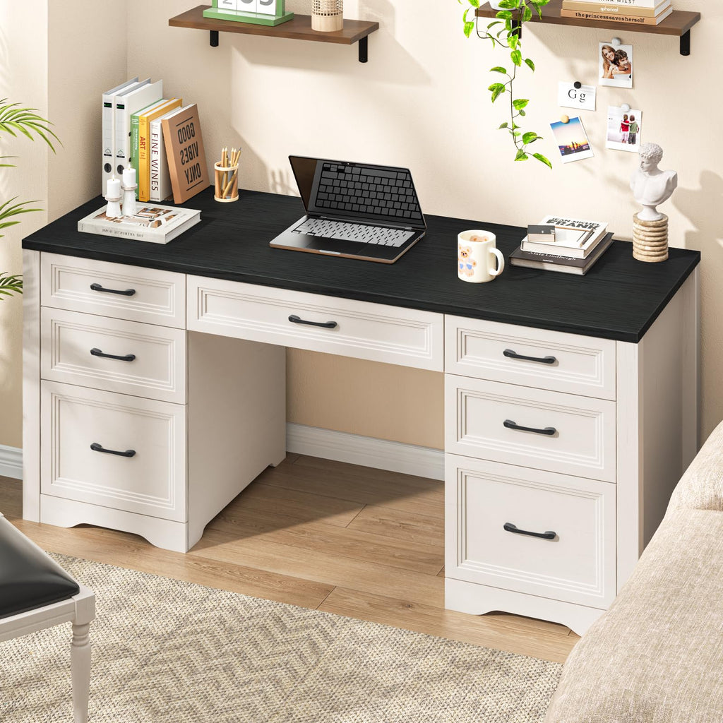 Black Wood Executive Desk with 2 File Drawers and 5 Storage Cabinets S939