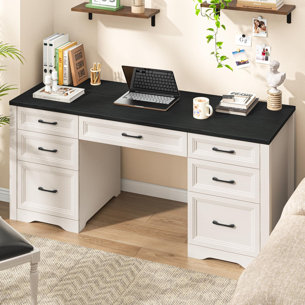 Black Wood Executive Desk with 2 File Drawers and 5 Storage Cabinets S939