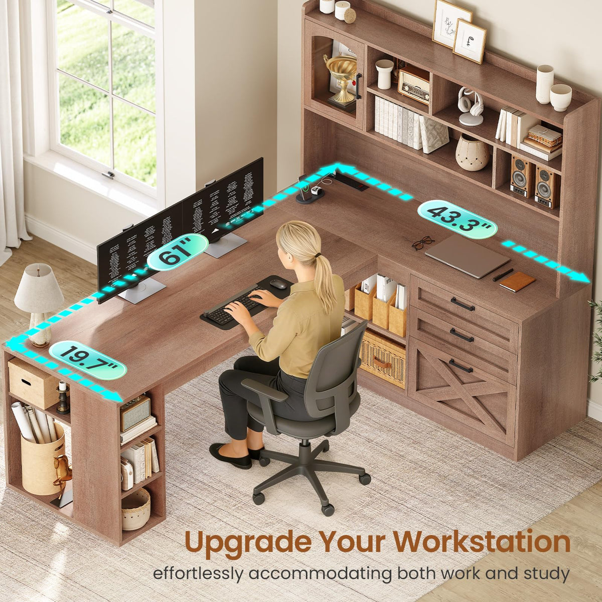 61" L Shaped Office Desk with Drawers and Storage S11230