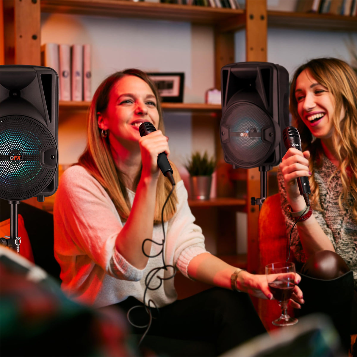 Dual 8" Powered PA Speaker System with Tripod Stands, Wired Mics and Remote U156