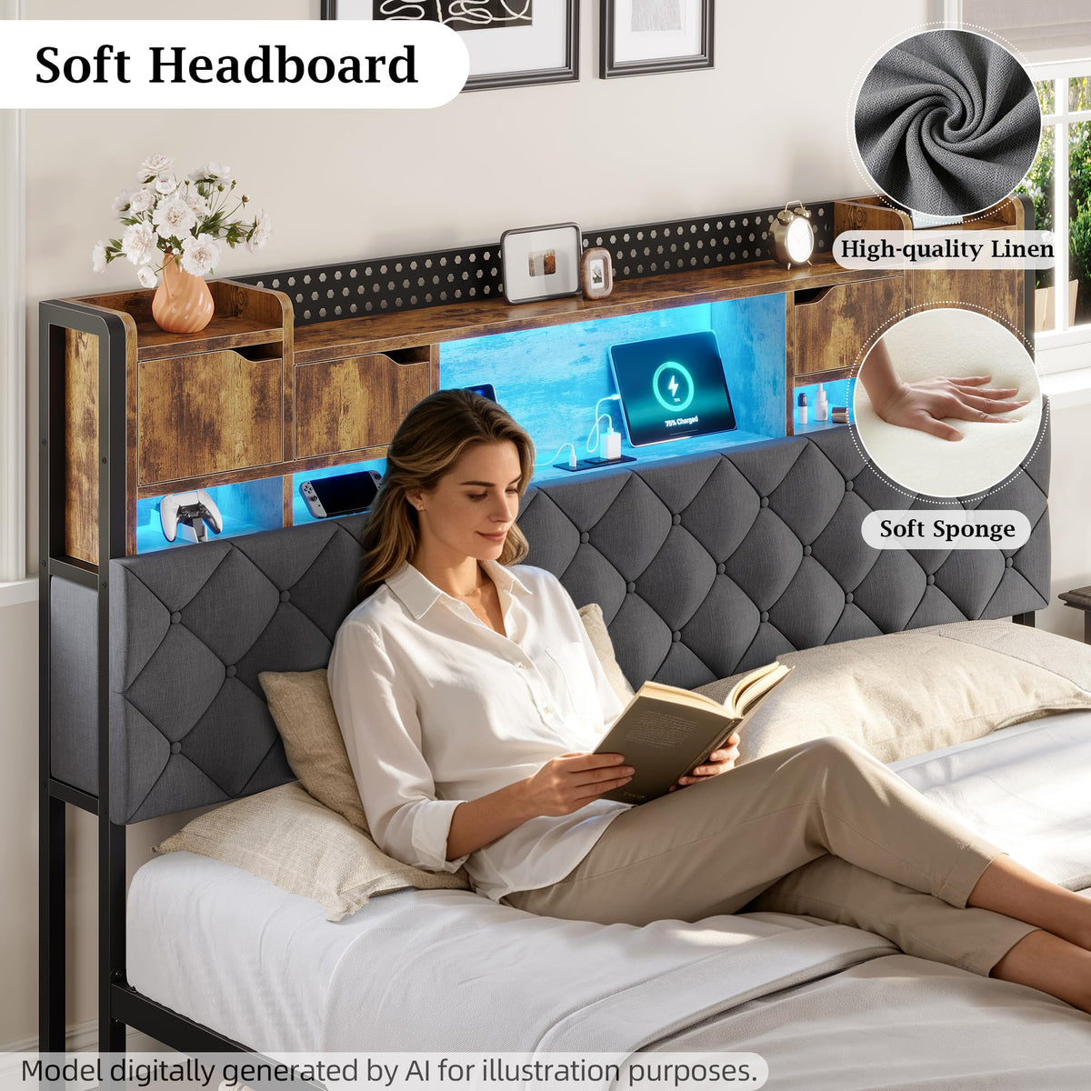 King Size Bed Frame with Storage Bookcase Headboard Z7544