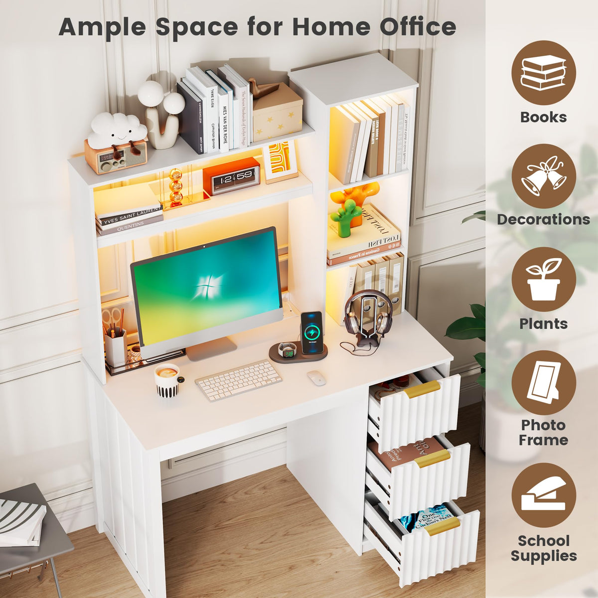 40” White Home Office Desk with Hutch and Drawers B558