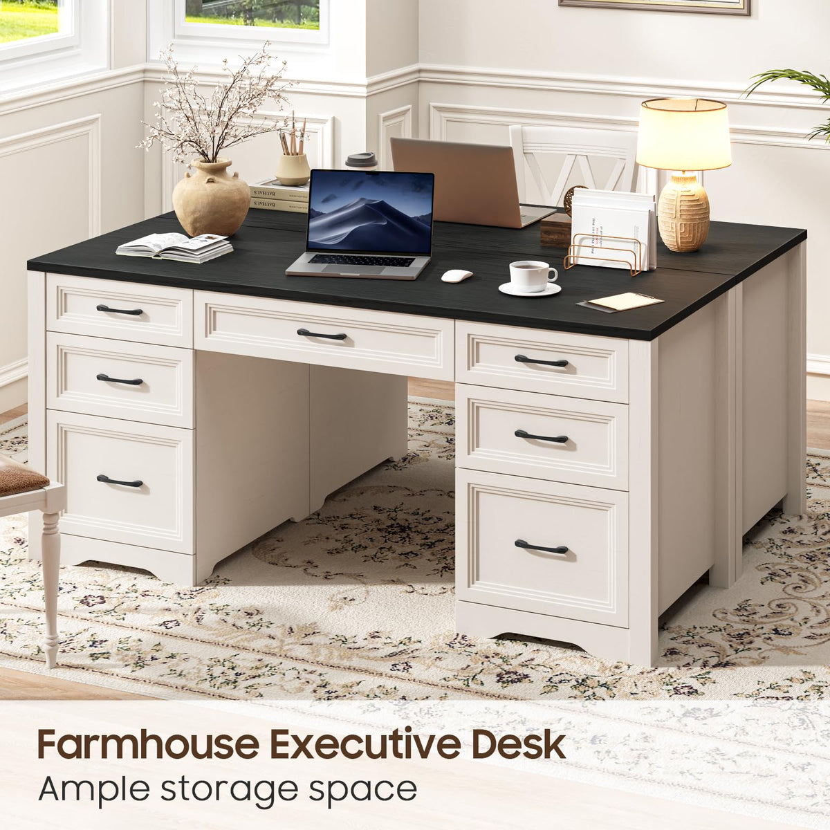 Black Wood Executive Desk with 2 File Drawers and 5 Storage Cabinets S939
