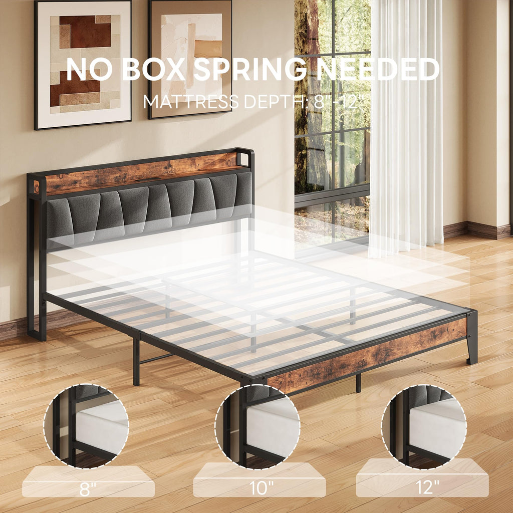 Queen Size Bed Frame with Storage Headboard and Charging Station E731018