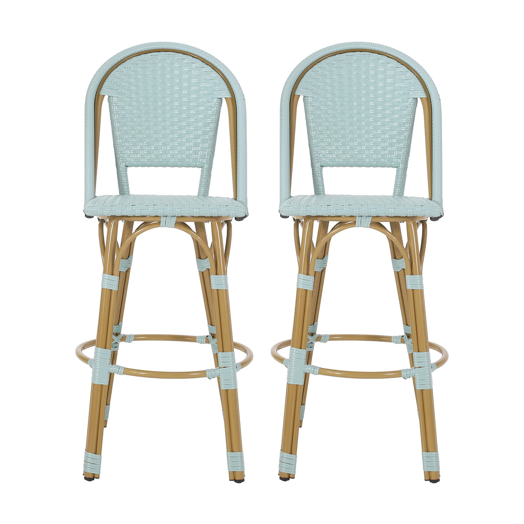 29.5" PE Rattan Aluminum Bar Stools, Set of 2, Light Teal U3008